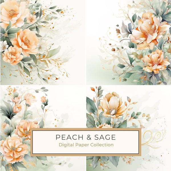 Peach & Sage Floral Digital Paper: Watercolor Flower Graphics (300 DPI JPG)