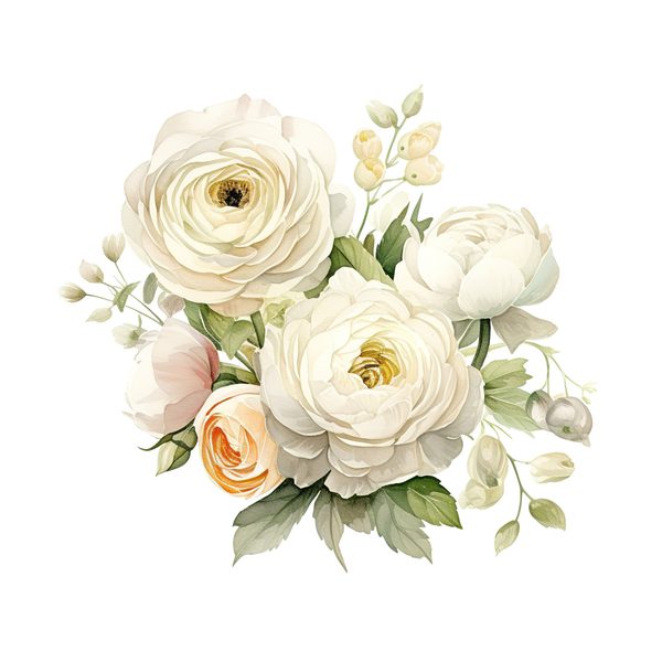White Ranunculus Watercolor Clipart: Elegant Floral PNG (Commercial Use) — image 1