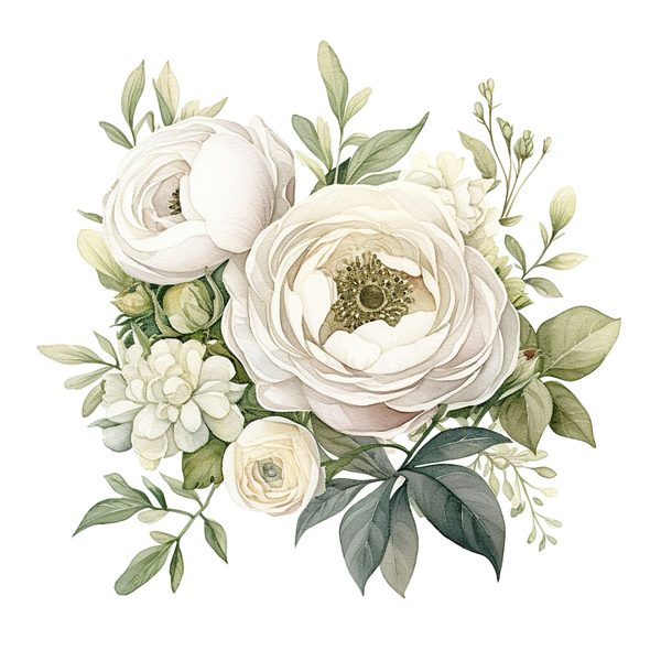 White Ranunculus Watercolor Clipart: Elegant Floral PNG (Commercial Use) — image 2
