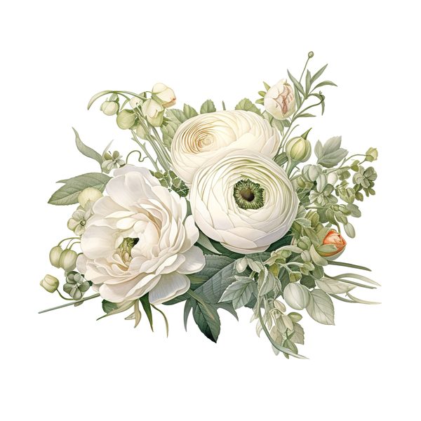 White Ranunculus Watercolor Clipart: Elegant Floral PNG (Commercial Use) — image 3