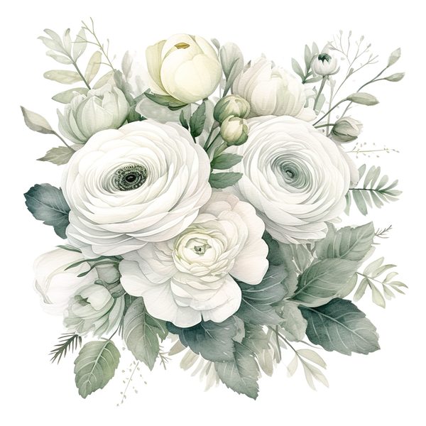 White Ranunculus Watercolor Clipart: Elegant Floral PNG (Commercial Use) — image 4