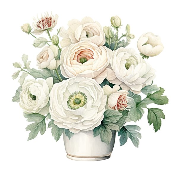 White Ranunculus Watercolor Clipart: Elegant Floral PNG (Commercial Use) — image 6