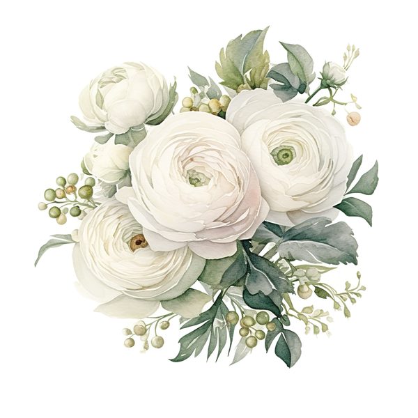 White Ranunculus Watercolor Clipart: Elegant Floral PNG (Commercial Use) — image 8