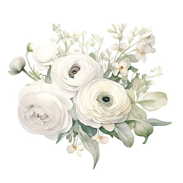 White Ranunculus Watercolor Clipart: Elegant Floral PNG (Commercial Use) — image 9