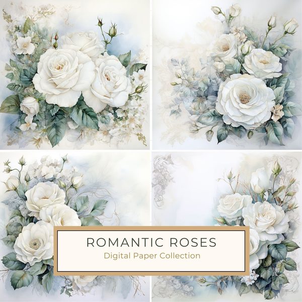 Watercolor White Roses Digital Paper: Romantic Floral Art (JPG, 300 DPI)