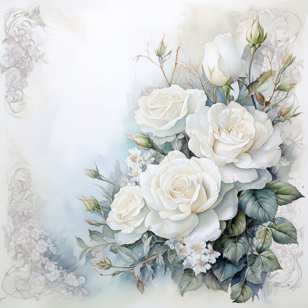Watercolor White Roses Digital Paper: Romantic Floral Art (JPG, 300 DPI) — image 2