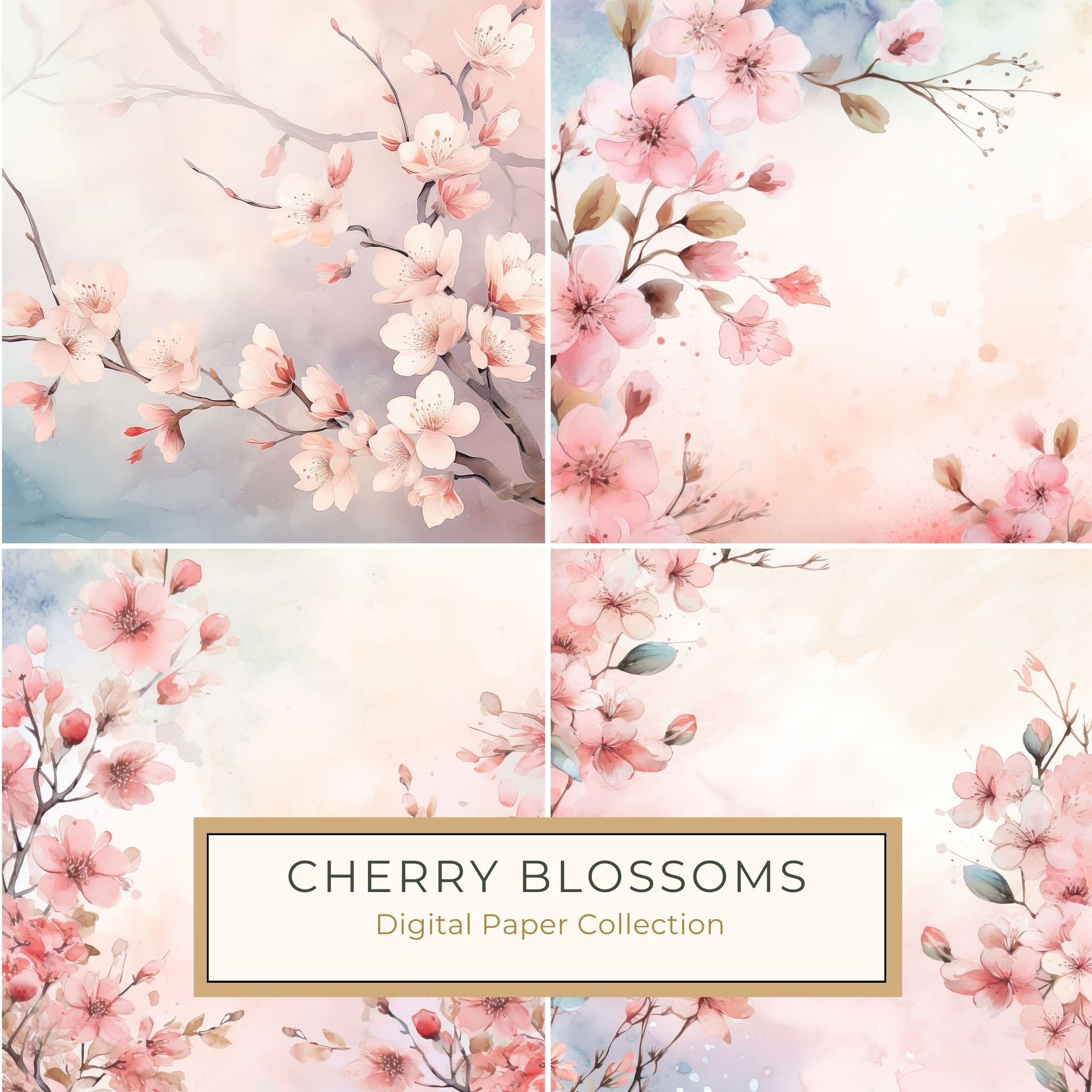 Watercolor Cherry Blossom Digital Paper: Sakura Art (300 DPI JPG)