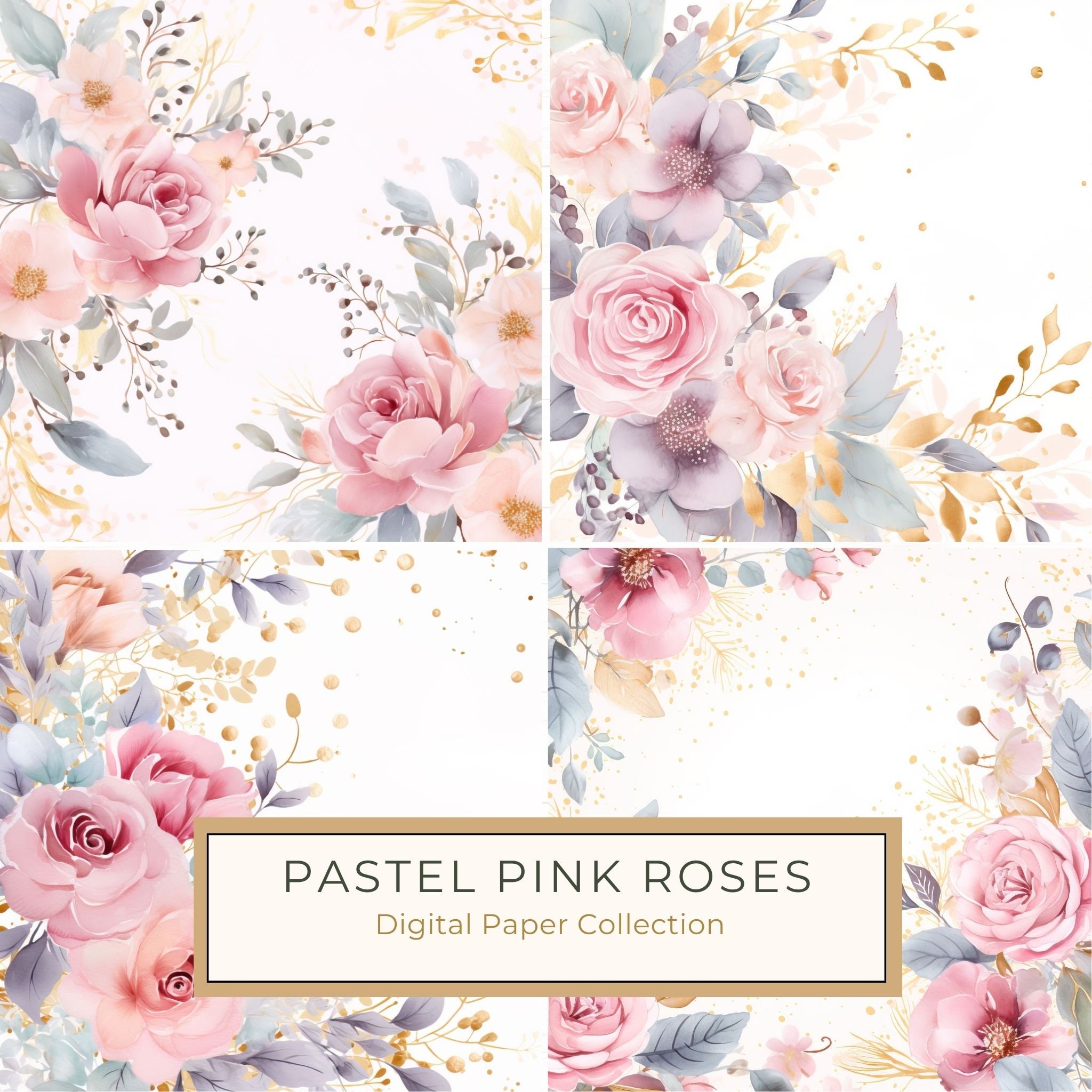 Pastel Pink Roses Digital Paper: Watercolor Floral Graphics (300 DPI JPG)