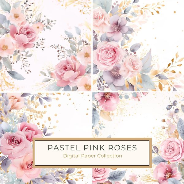 Pastel Pink Roses Digital Paper: Watercolor Floral Graphics (300 DPI JPG)