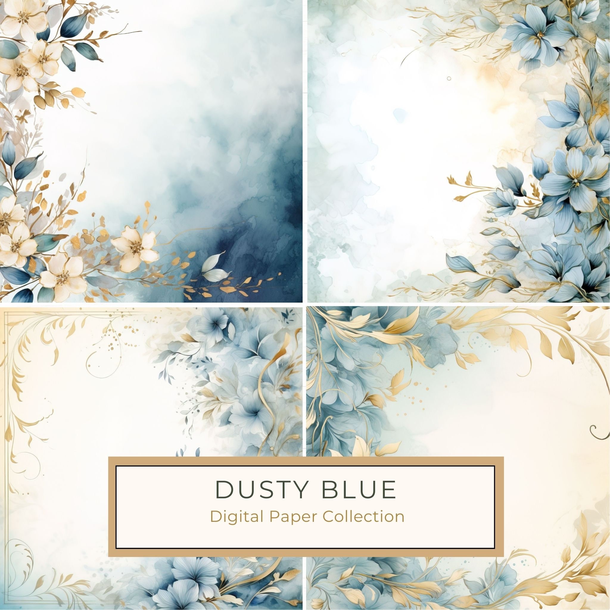 Dusty Blue Floral Digital Paper: Watercolor Flower Graphics (JPG, 300 DPI)