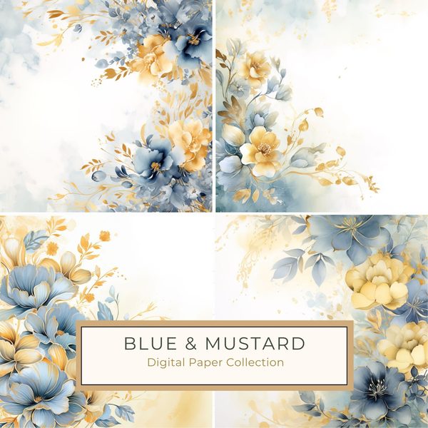 Blue & Mustard Floral Digital Paper: Watercolor Flower Graphics (300 DPI JPG)