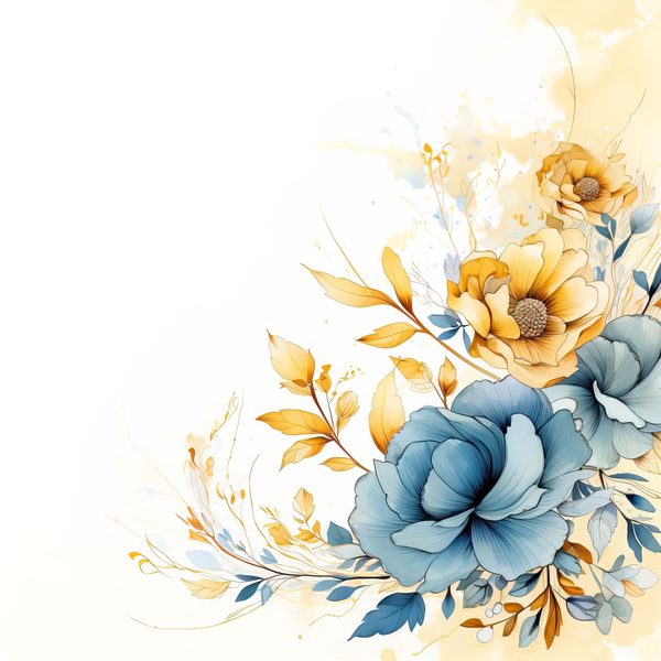 Blue & Mustard Floral Digital Paper: Watercolor Flower Graphics (300 DPI JPG) — image 1