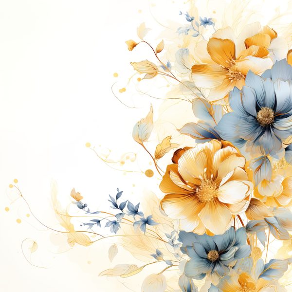 Blue & Mustard Floral Digital Paper: Watercolor Flower Graphics (300 DPI JPG) — image 2