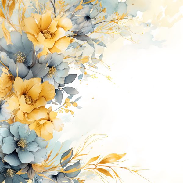 Blue & Mustard Floral Digital Paper: Watercolor Flower Graphics (300 DPI JPG) — image 5