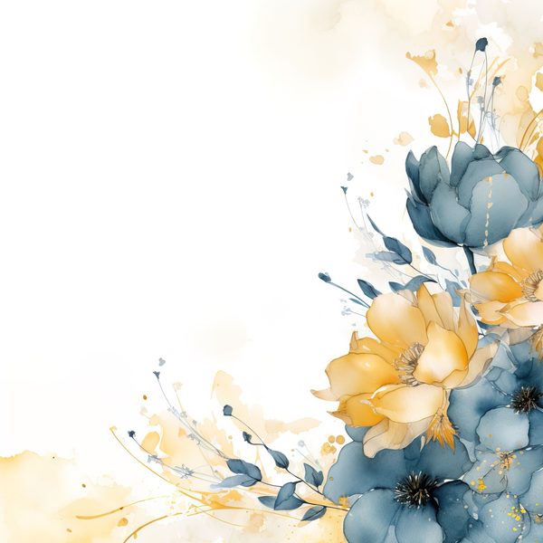 Blue & Mustard Floral Digital Paper: Watercolor Flower Graphics (300 DPI JPG) — image 7
