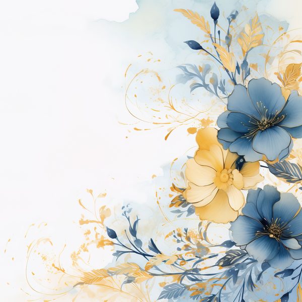 Blue & Mustard Floral Digital Paper: Watercolor Flower Graphics (300 DPI JPG) — image 10