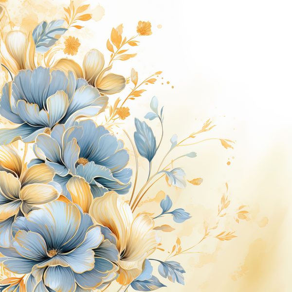 Blue & Mustard Floral Digital Paper: Watercolor Flower Graphics (300 DPI JPG) — image 11