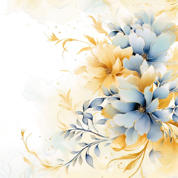 Blue & Mustard Floral Digital Paper: Watercolor Flower Graphics (300 DPI JPG) — image 12