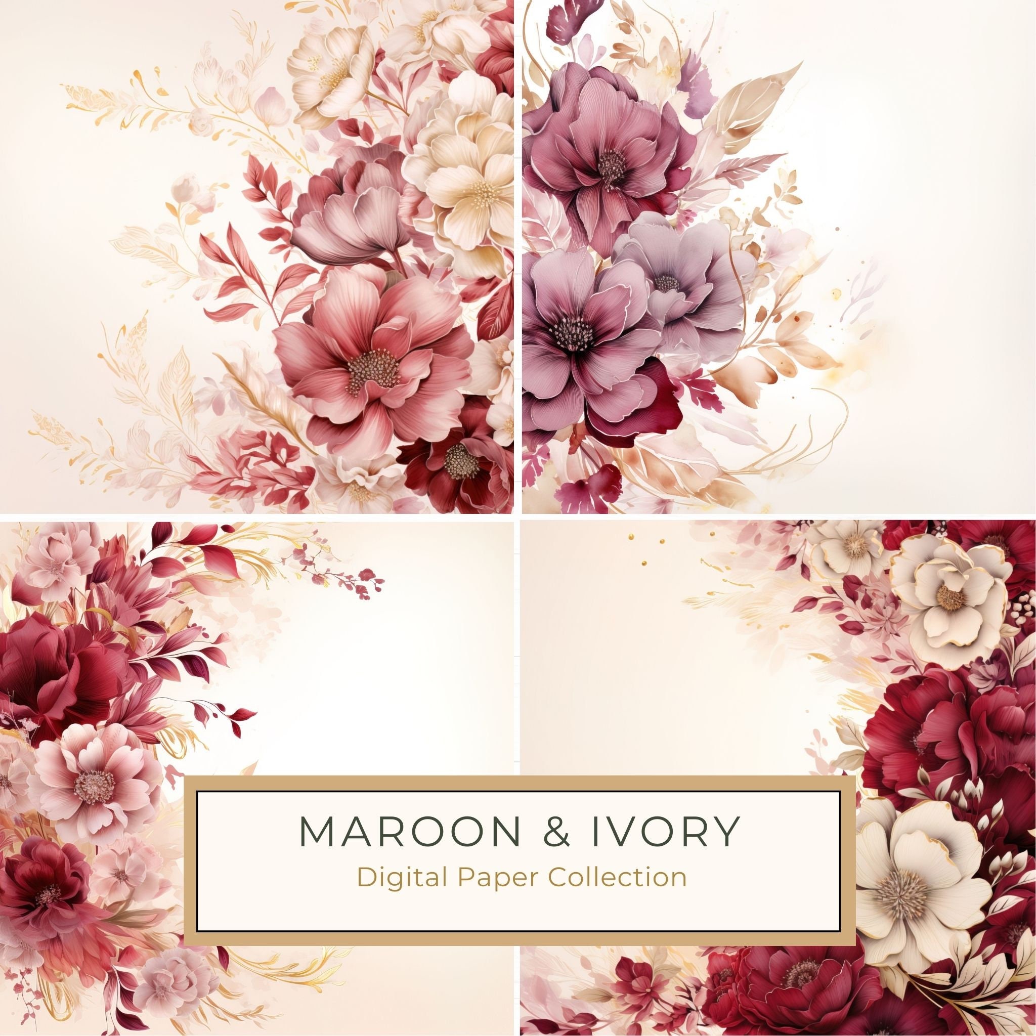 Floral Digital Paper: Maroon & Ivory Watercolor Flowers (300 DPI JPG)