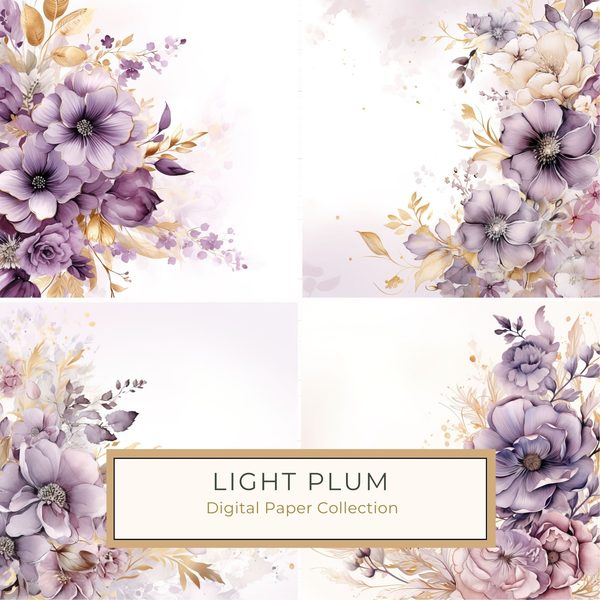 Light Plum Floral Digital Paper: Watercolor Flower Graphics (300 DPI JPG)