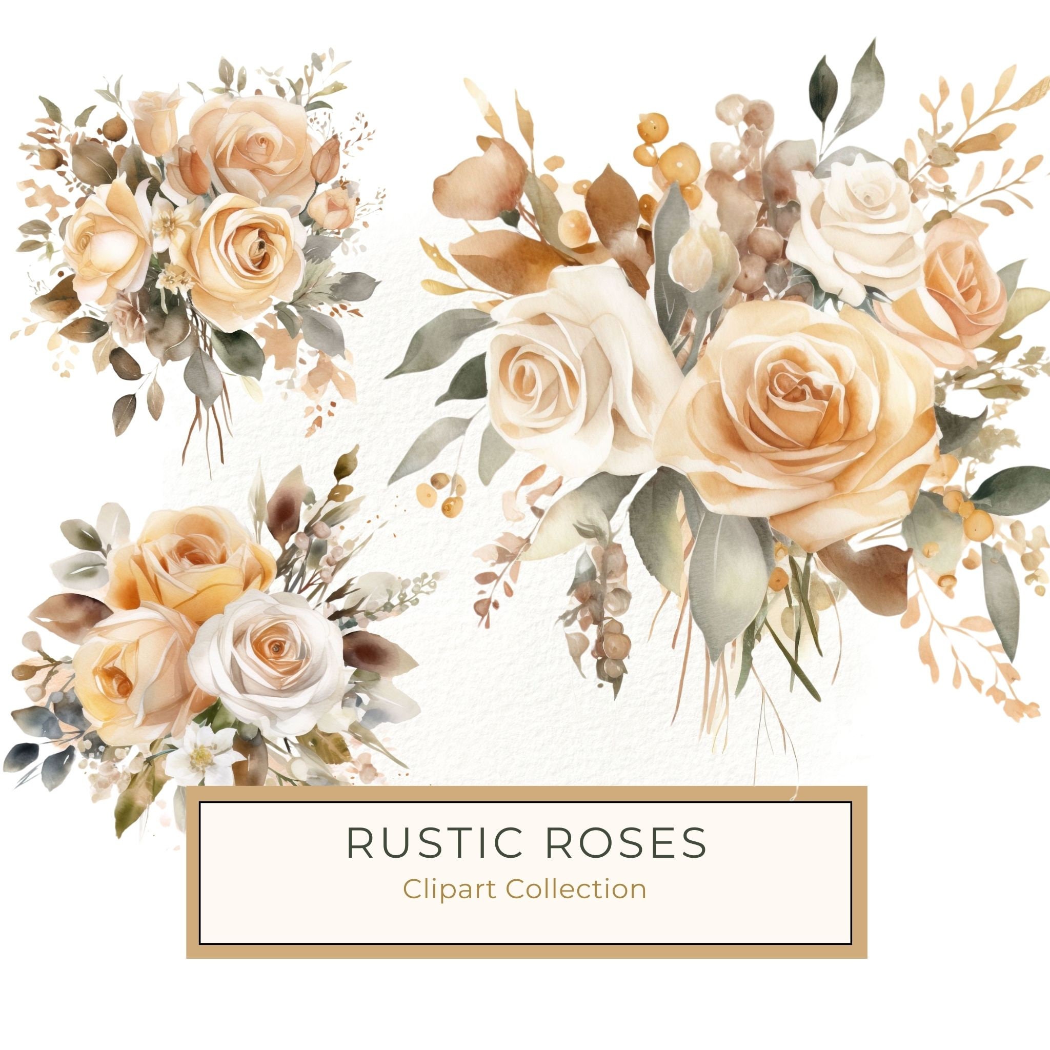 Watercolor Beige Rose Bouquet Clipart: Floral Design Elements (JPG, PNG)