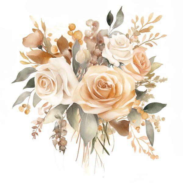 Watercolor Beige Rose Bouquet Clipart: Floral Design Elements (JPG, PNG) — image 1