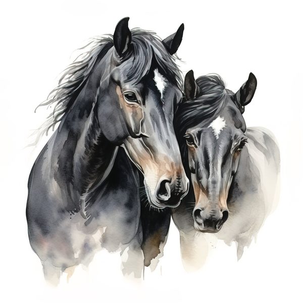 Watercolor Black Thoroughbred Horse Portrait Art: Stallion & Mare PNG Clipart (Commercial Use) — image 1