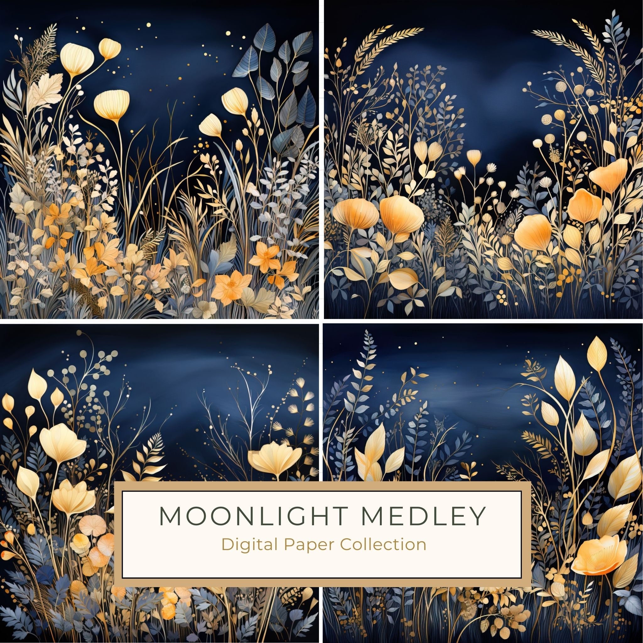 Wildflower Digital Paper Set: Navy Peach Floral Backgrounds (JPG, Commercial Use)