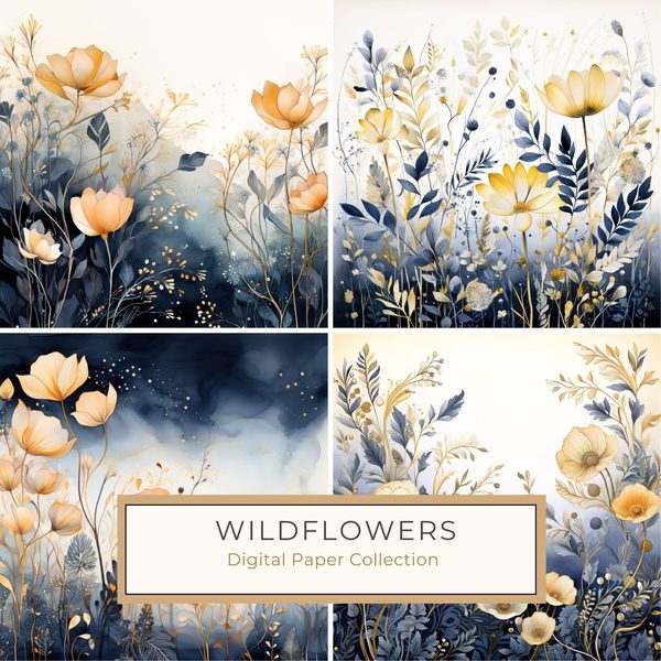 Wildflower Digital Paper Set: Navy & Peach Floral Backgrounds (JPG, Commercial Use)