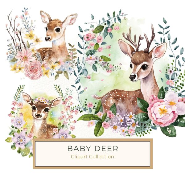 Watercolor Fawn Clipart: Baby Deer PNG, Spring Floral Art (Commercial Use)