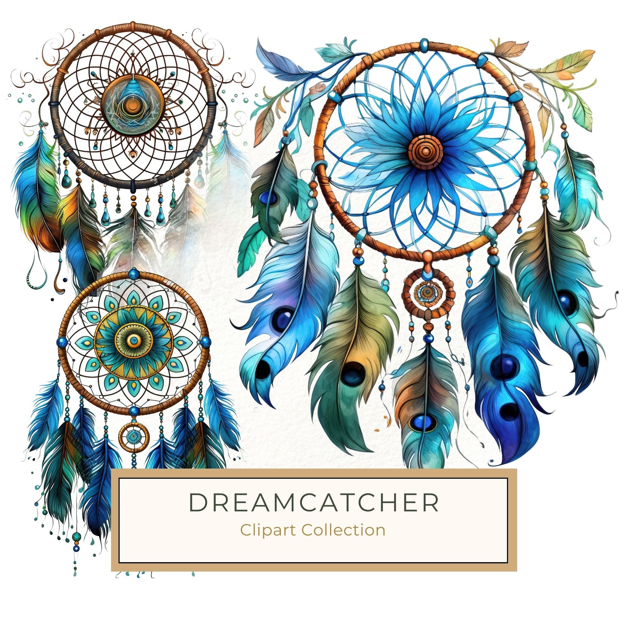 Watercolor Peacock Feather Dreamcatcher Clipart: PNG JPG (Commercial Use)