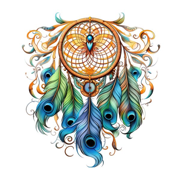 Watercolor Peacock Feather Dreamcatcher Clipart: PNG JPG (Commercial Use) — image 1
