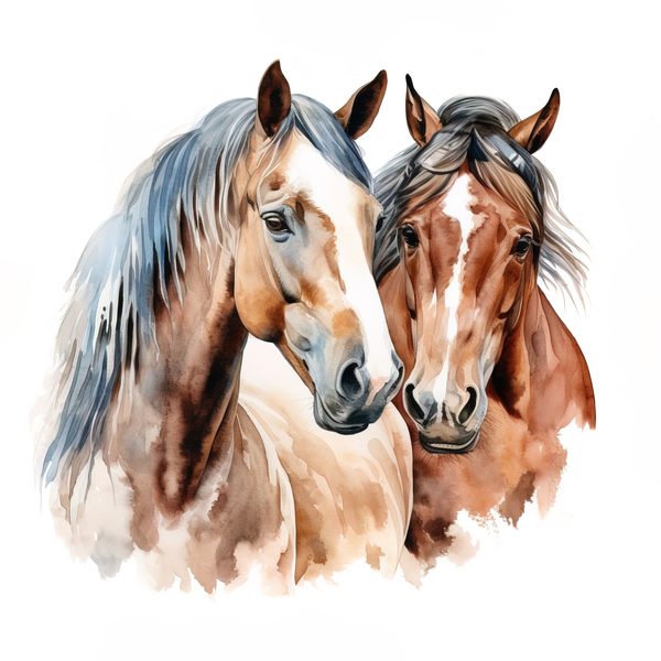 Bay Horses Watercolor Art Print: Stallion & Mare Clipart (PNG, JPG, Commercial Use) — image 1