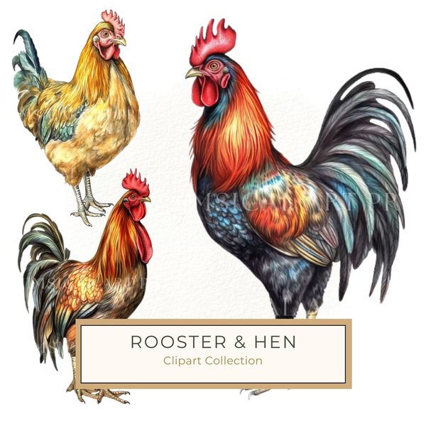 Watercolor Rooster Clipart: Farmhouse Rustic PNG JPG (Digital Download)