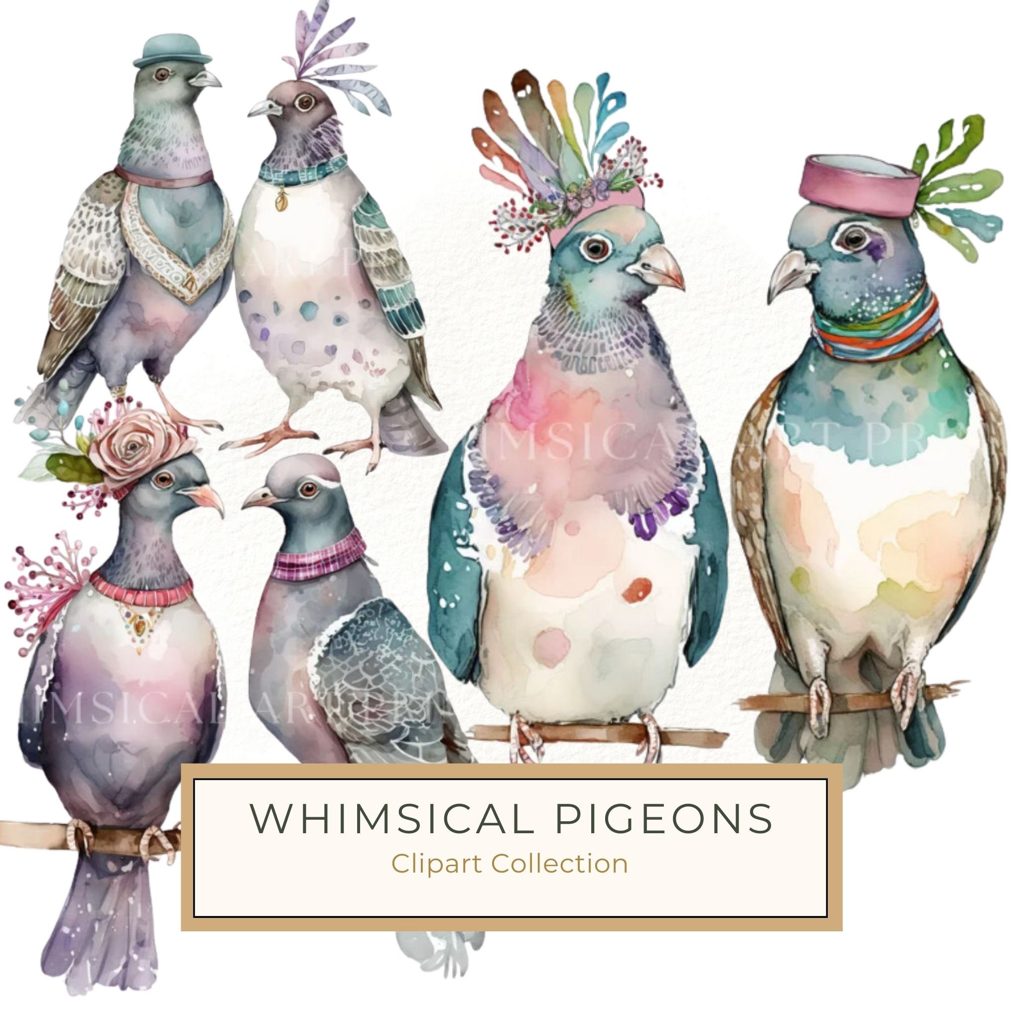 Watercolor Pigeon Clipart: Whimsical Bird PNG Graphics (300 DPI, Commercial Use)