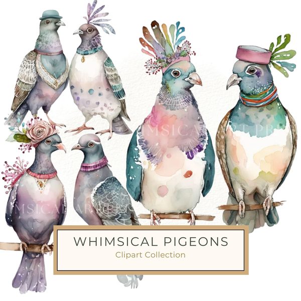 Watercolor Pigeon Clipart: Whimsical Bird PNG Graphics (300 DPI, Commercial Use)