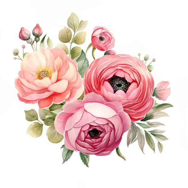 Pink Ranunculus Watercolor Clipart: Flower Bouquet PNG JPG (Digital Download) — image 2