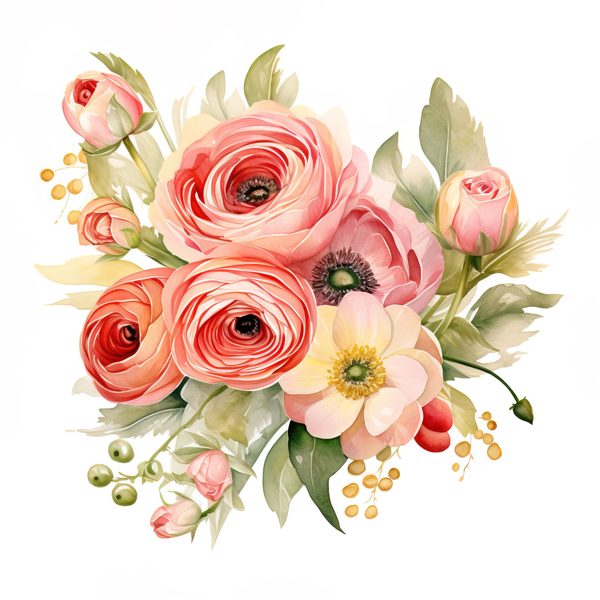 Pink Ranunculus Watercolor Clipart: Flower Bouquet PNG JPG (Digital Download) — image 3