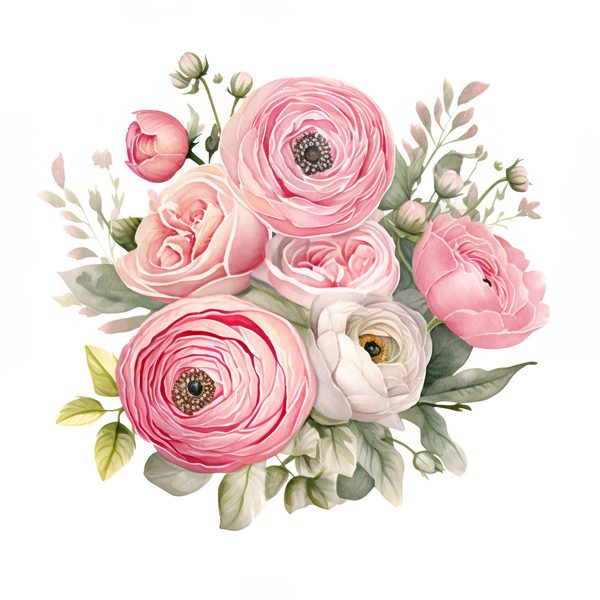 Pink Ranunculus Watercolor Clipart: Flower Bouquet PNG JPG (Digital Download) — image 4