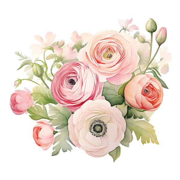 Pink Ranunculus Watercolor Clipart: Flower Bouquet PNG JPG (Digital Download) — image 7