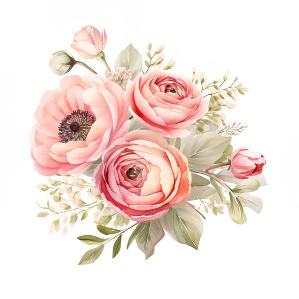 Pink Ranunculus Watercolor Clipart: Flower Bouquet PNG JPG (Digital Download) — image 8