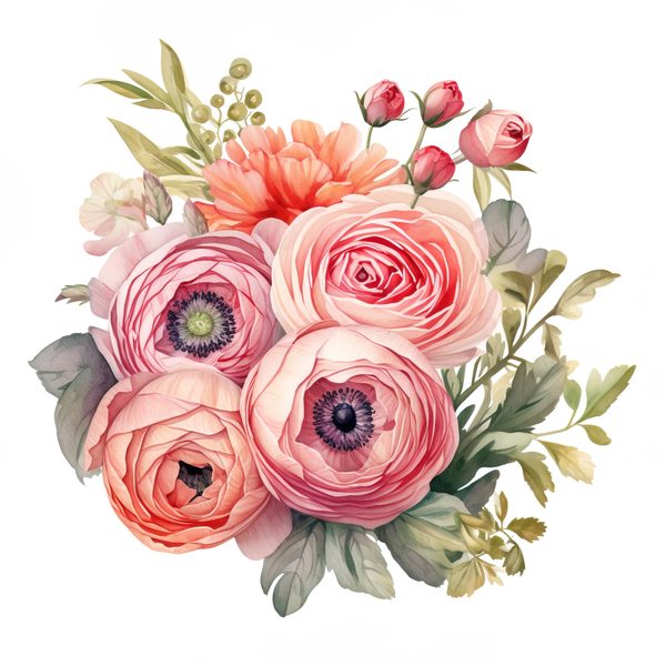 Pink Ranunculus Watercolor Clipart: Flower Bouquet PNG JPG (Digital Download) — image 9