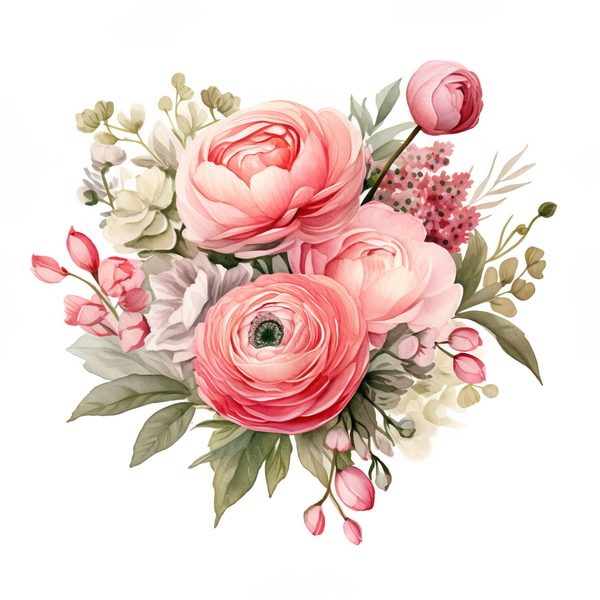 Pink Ranunculus Watercolor Clipart: Flower Bouquet PNG JPG (Digital Download) — image 10