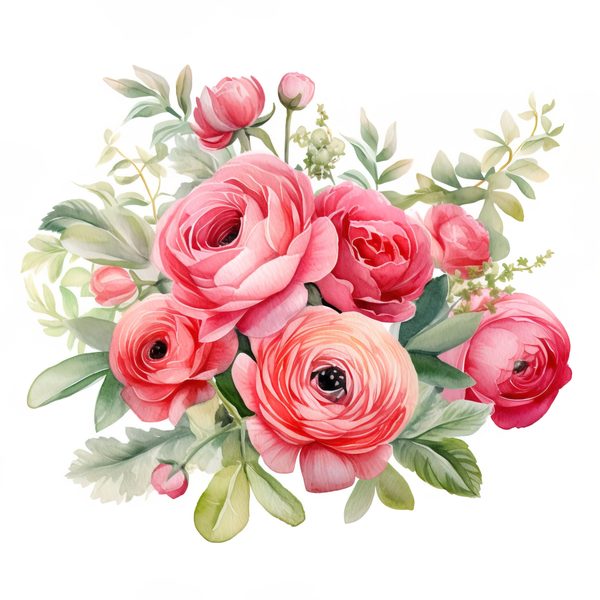 Pink Ranunculus Watercolor Clipart: Flower Bouquet PNG JPG (Digital Download) — image 11