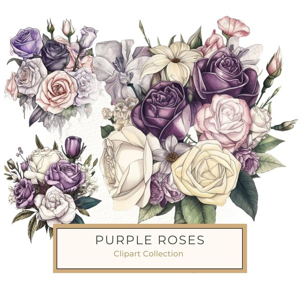 Watercolor Rose Clipart: Purple & White Floral Bouquet (PNG, JPG)
