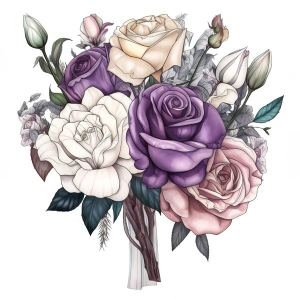 Watercolor Rose Clipart: Purple & White Floral Bouquet (PNG, JPG) — image 1