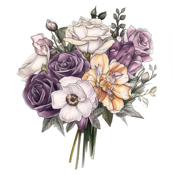 Watercolor Rose Clipart: Purple & White Floral Bouquet (PNG, JPG) — image 2