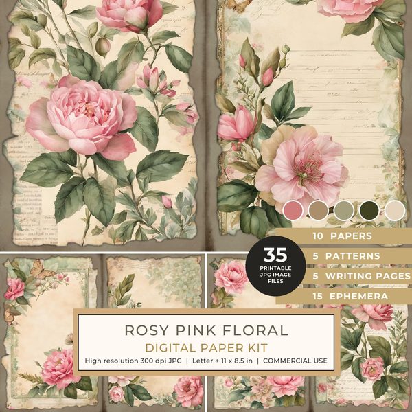 Rosy Pink Floral Watercolor Digital Paper Kit: Printable Papers, Cards, Tags, Ephemera