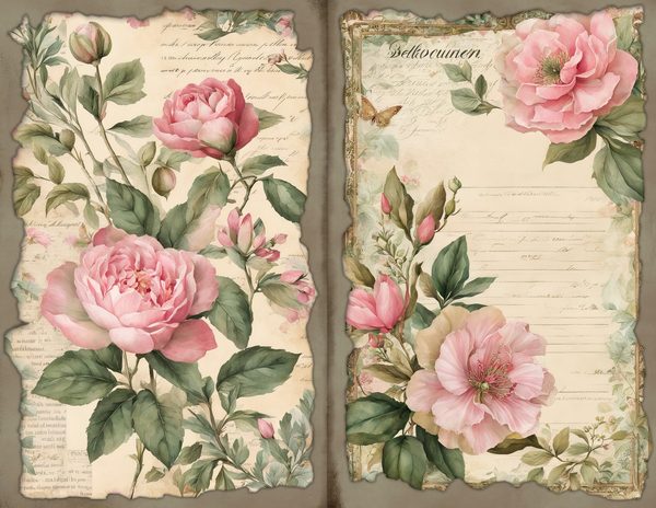 Rosy Pink Floral Watercolor Digital Paper Kit: Printable Papers, Cards, Tags, Ephemera — image 1
