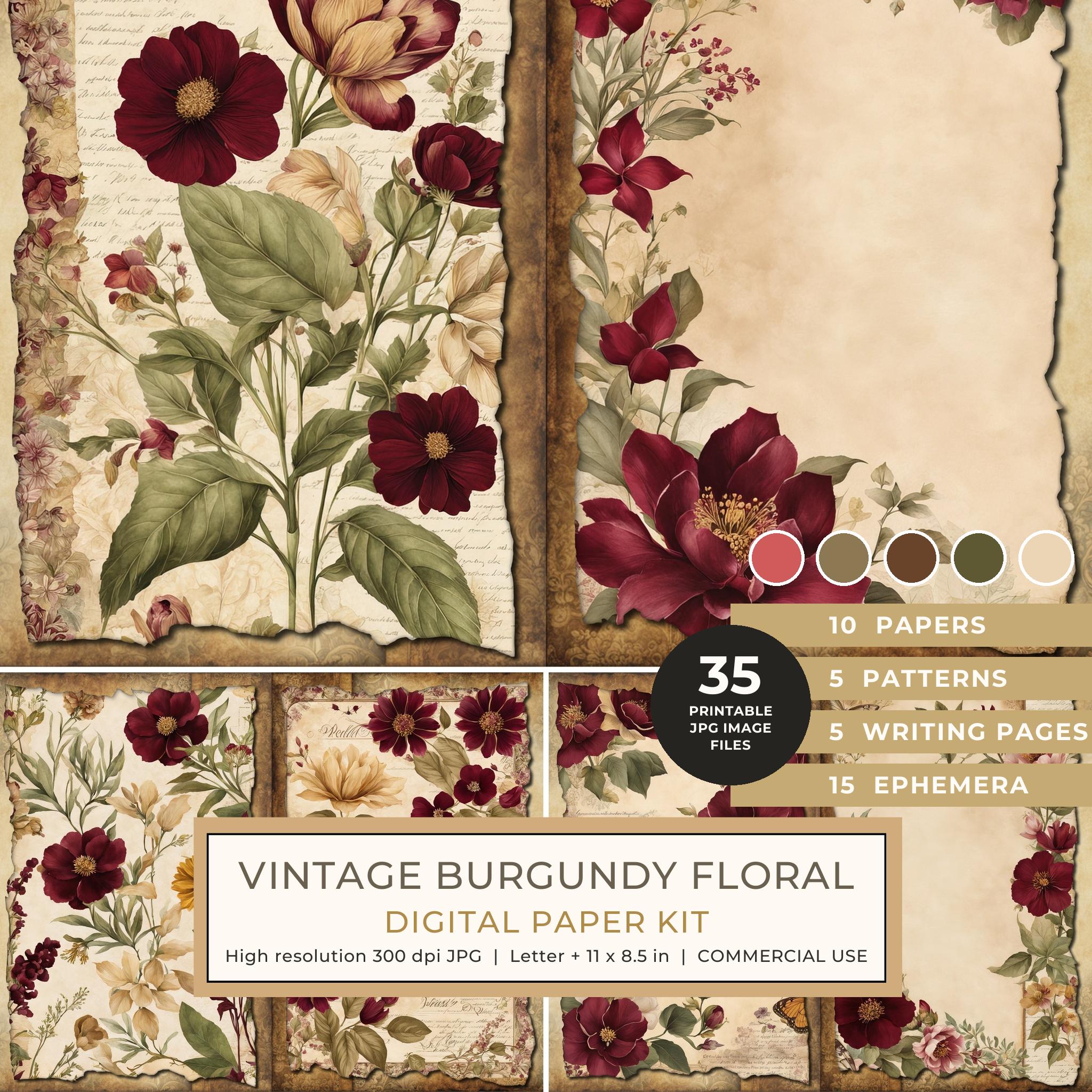 Vintage Burgundy Floral Watercolor Digital Paper Kit: Printable Papers, Cards, Tags, Ephemera